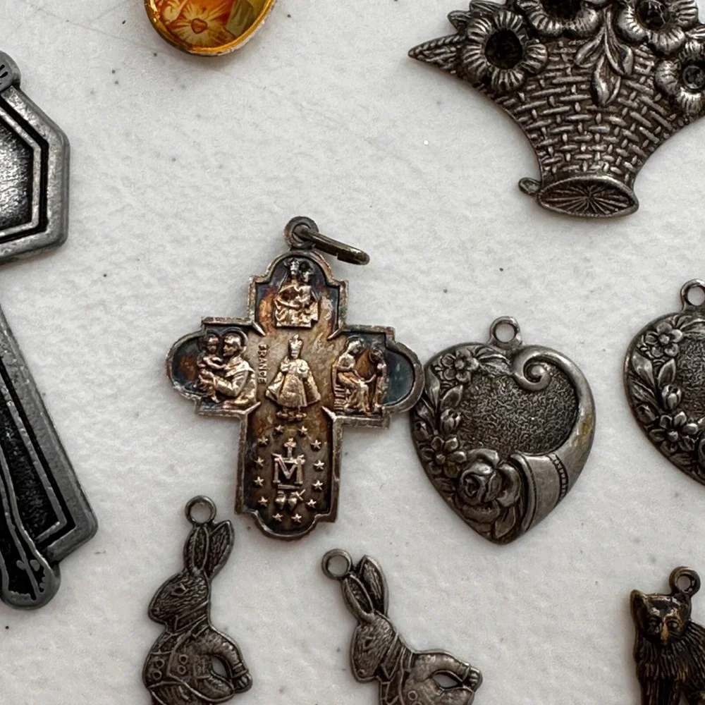 Antique Religious And‎ Decorative Charms Set With Crucifix Jesus Medals Bundle a